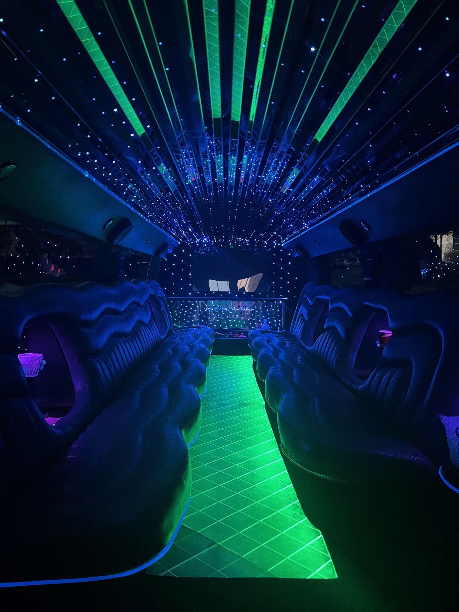 Luxury party bus interior with fiber optic lighting